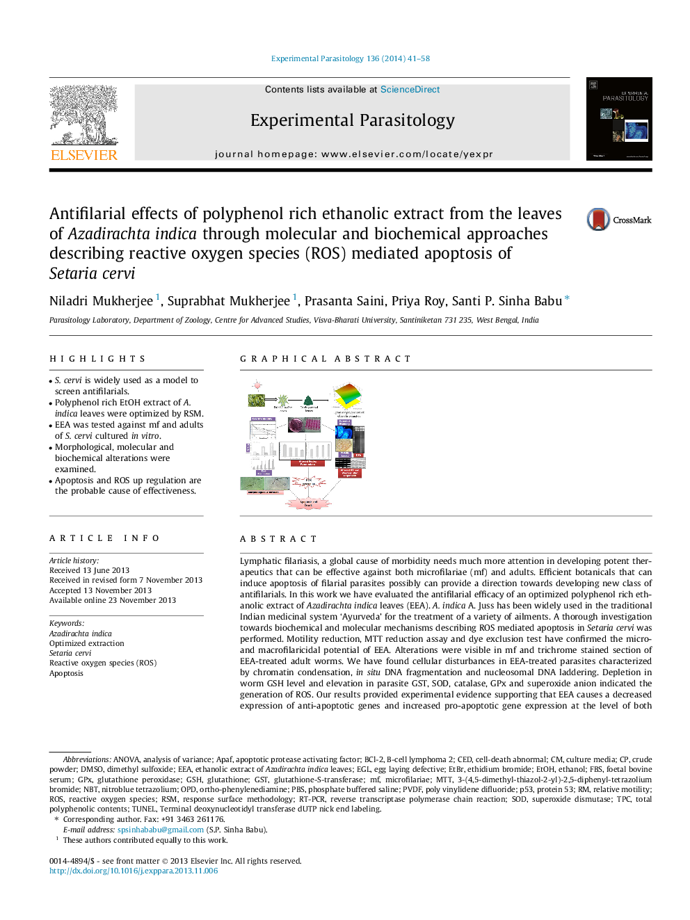 Antifilarial effects of polyphenol rich ethanolic extract from the leaves of Azadirachta indica through molecular and biochemical approaches describing reactive oxygen species (ROS) mediated apoptosis of Setaria cervi