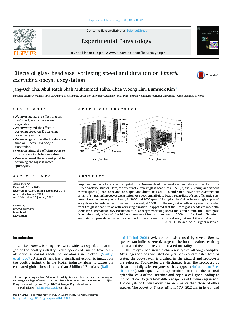 Effects of glass bead size, vortexing speed and duration on Eimeria acervulina oocyst excystation