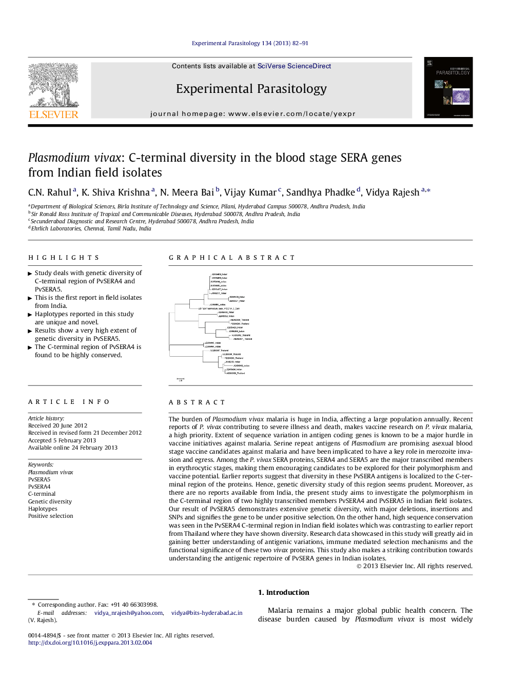 Plasmodium vivax: C-terminal diversity in the blood stage SERA genes from Indian field isolates