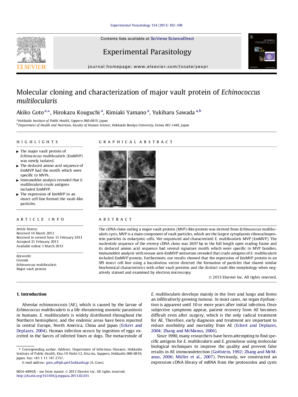 Molecular cloning and characterization of major vault protein of Echinococcus multilocularis