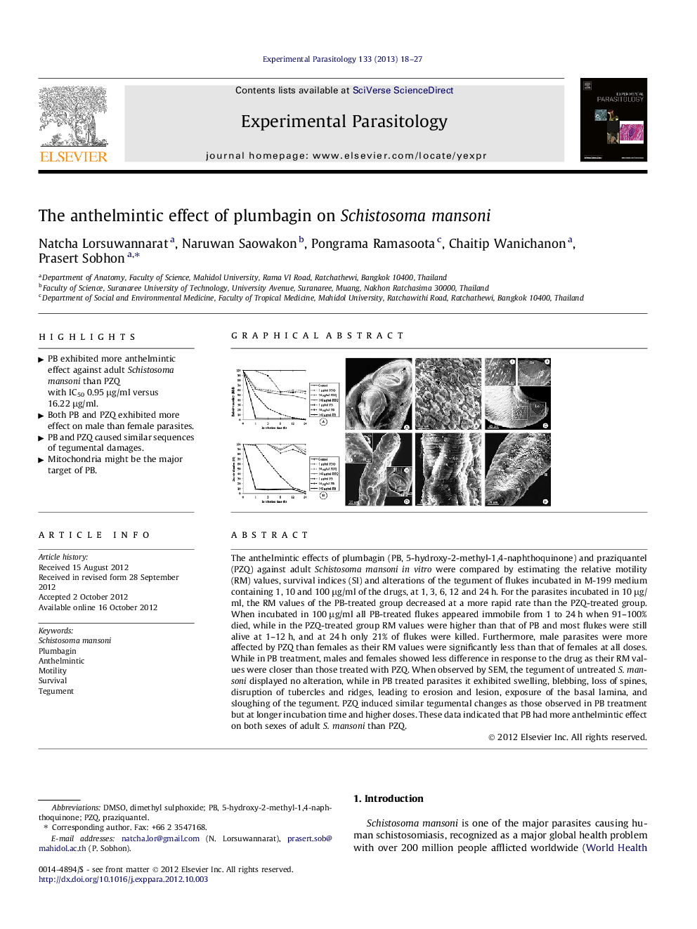 The anthelmintic effect of plumbagin on Schistosoma mansoni