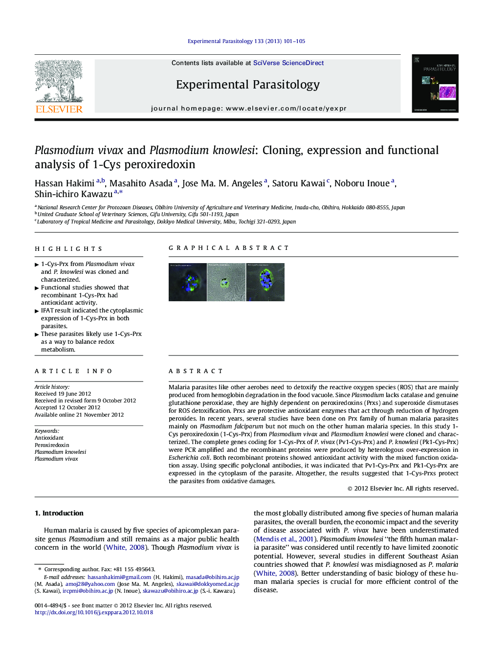 Plasmodium vivax and Plasmodium knowlesi: Cloning, expression and functional analysis of 1-Cys peroxiredoxin