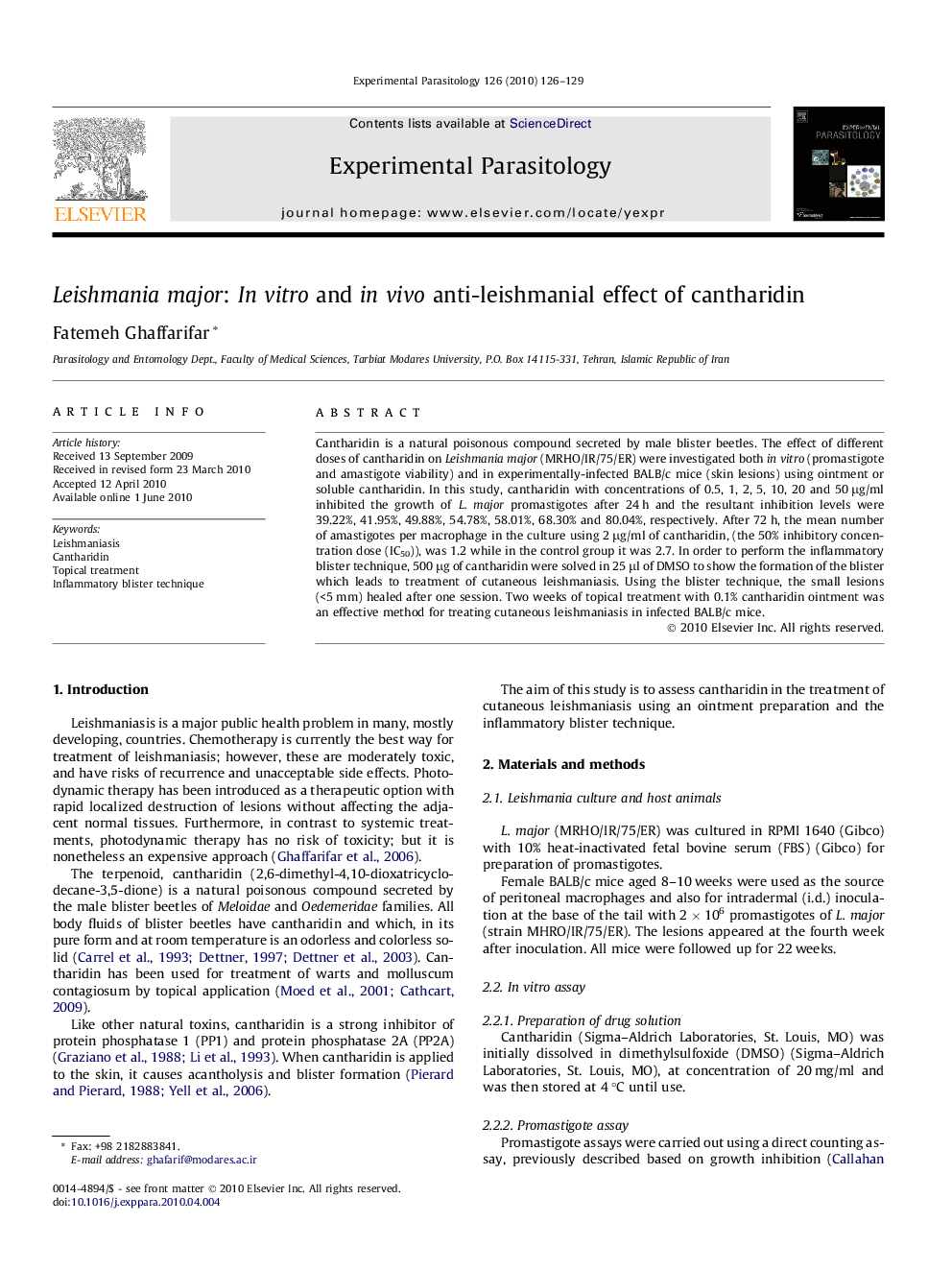 Leishmania major: In vitro and in vivo anti-leishmanial effect of cantharidin