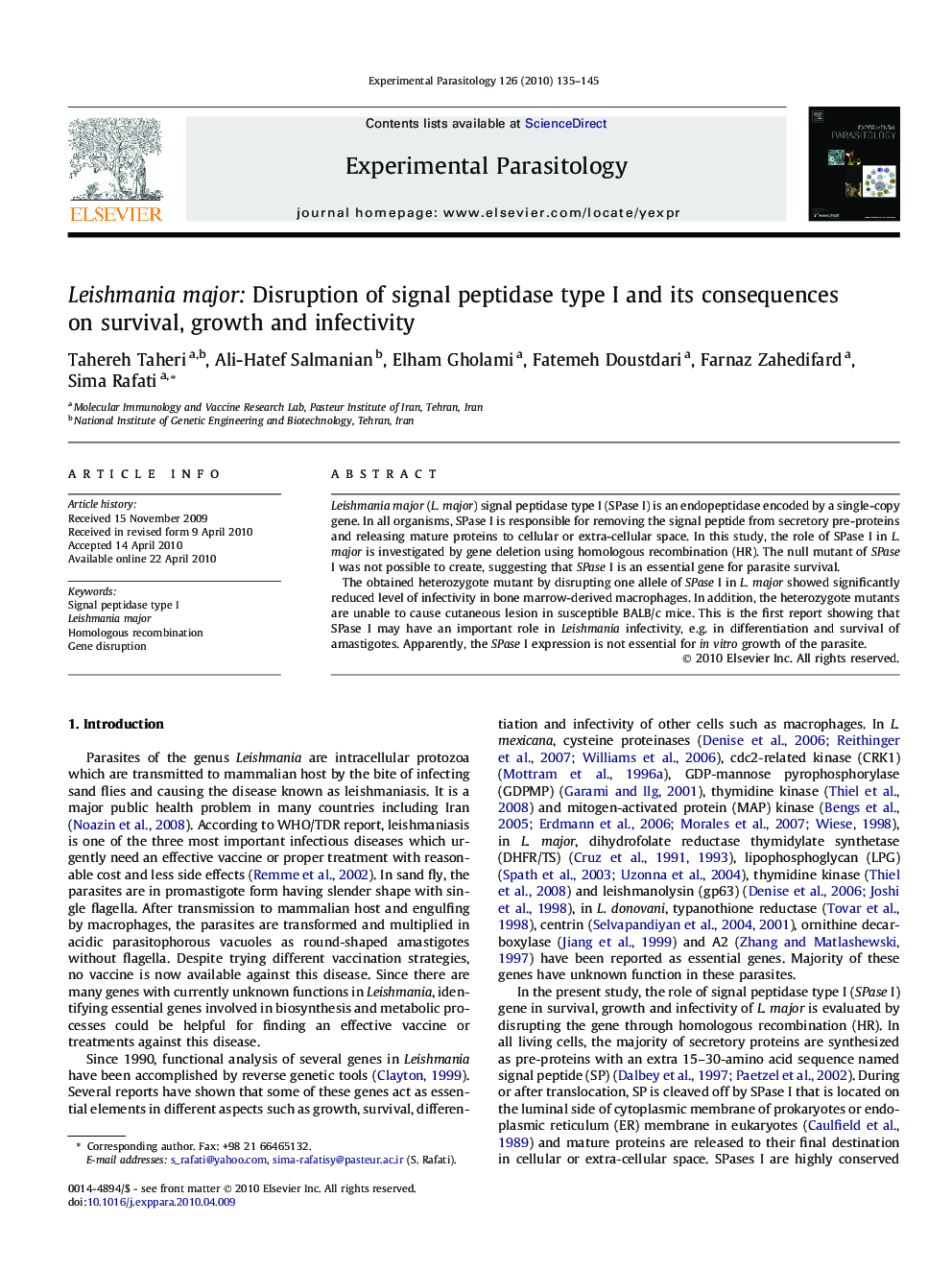 Leishmania major: Disruption of signal peptidase type I and its consequences on survival, growth and infectivity