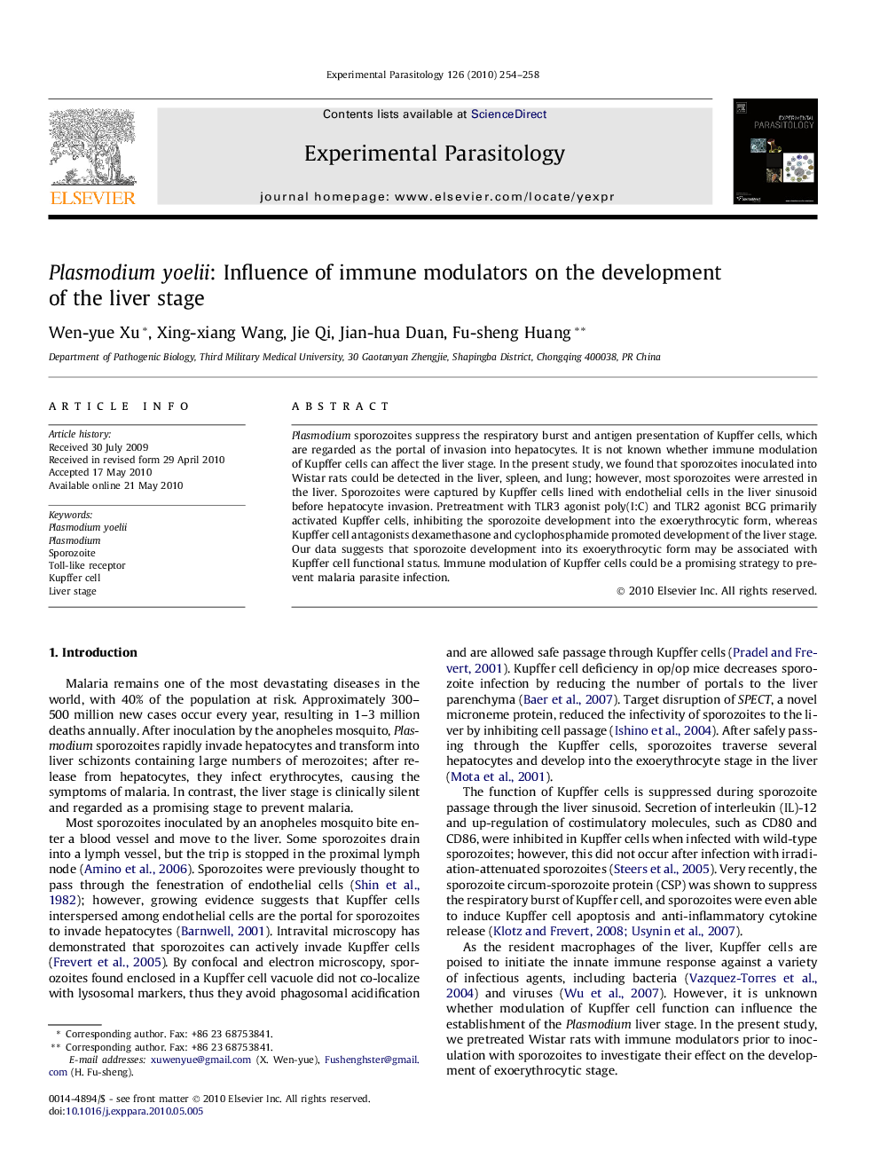 Plasmodium yoelii: Influence of immune modulators on the development of the liver stage