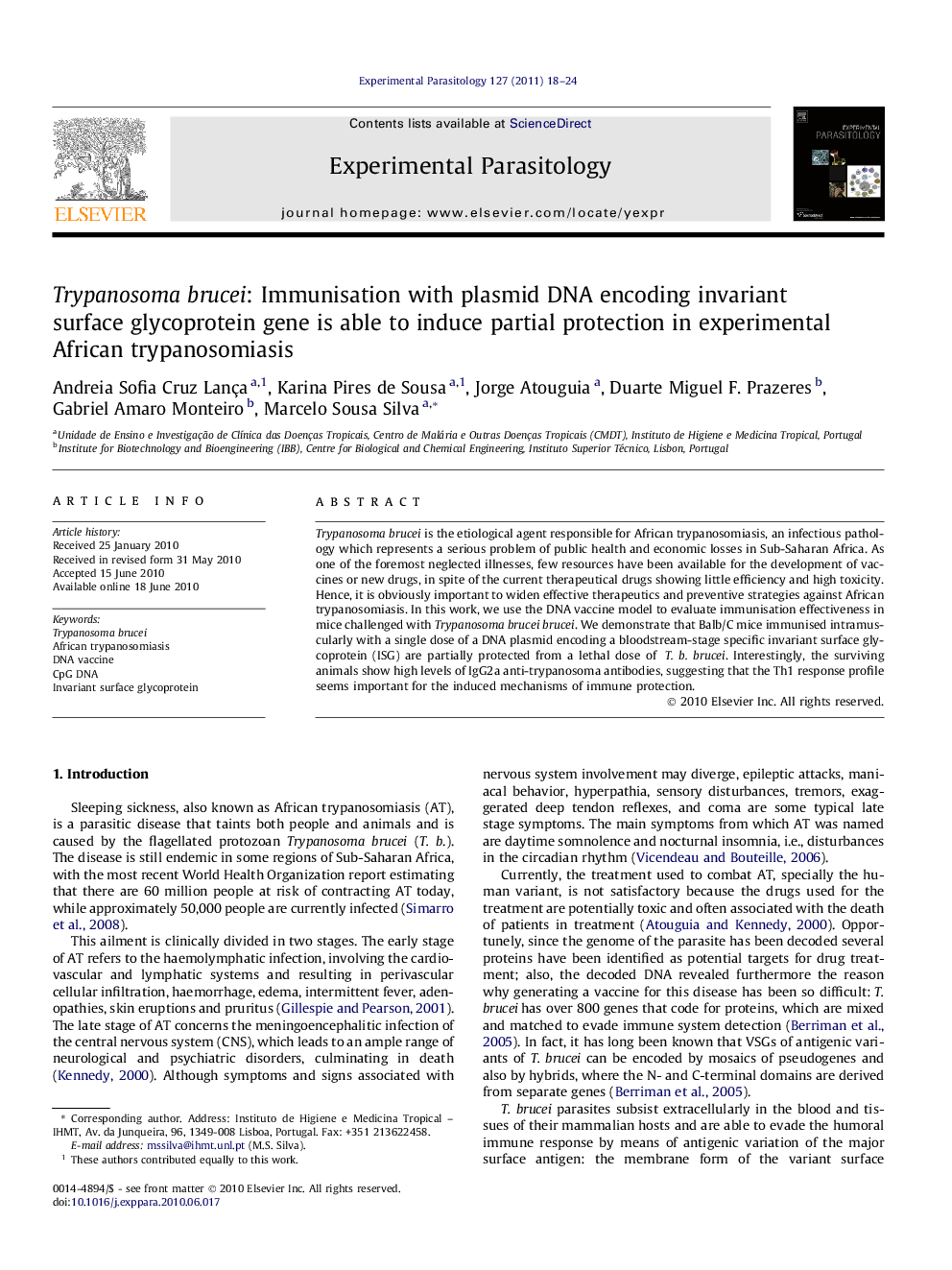 Trypanosoma brucei: Immunisation with plasmid DNA encoding invariant surface glycoprotein gene is able to induce partial protection in experimental African trypanosomiasis