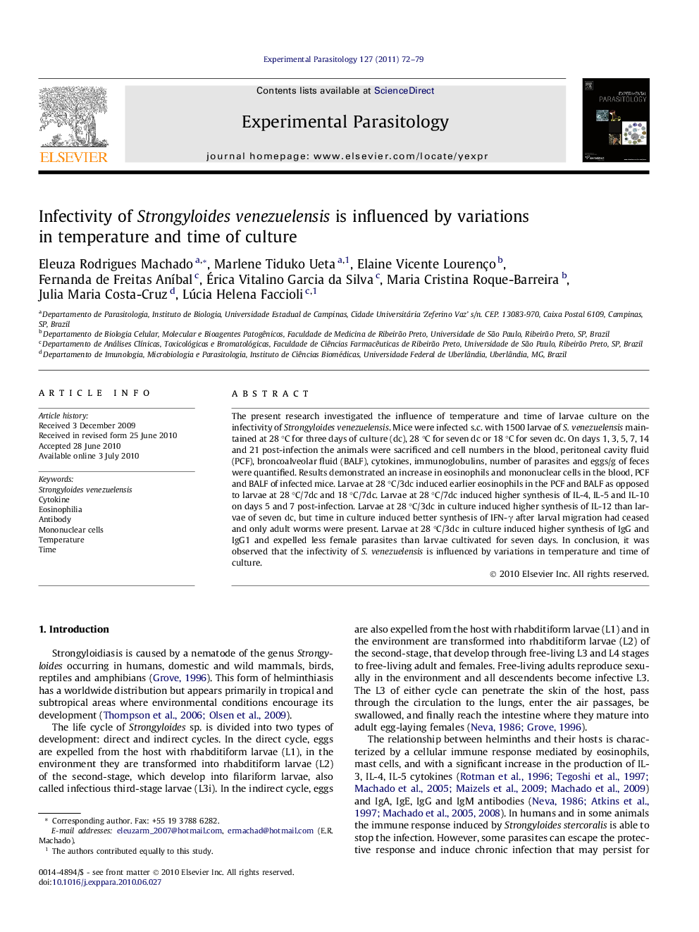 Infectivity of Strongyloides venezuelensis is influenced by variations in temperature and time of culture