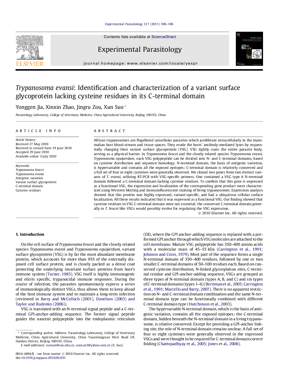 Trypanosoma evansi: Identification and characterization of a variant surface glycoprotein lacking cysteine residues in its C-terminal domain