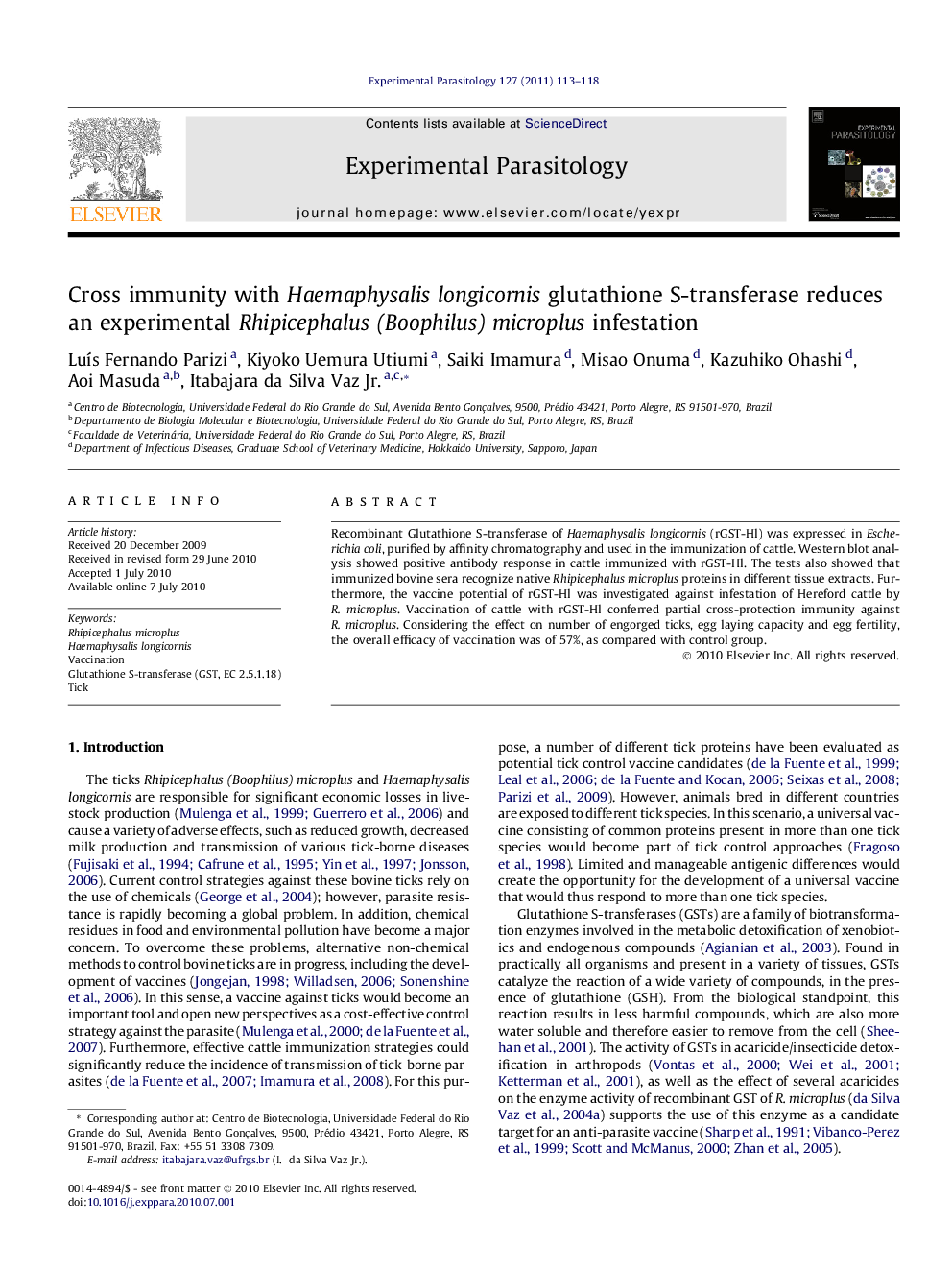 Cross immunity with Haemaphysalis longicornis glutathione S-transferase reduces an experimental Rhipicephalus (Boophilus) microplus infestation