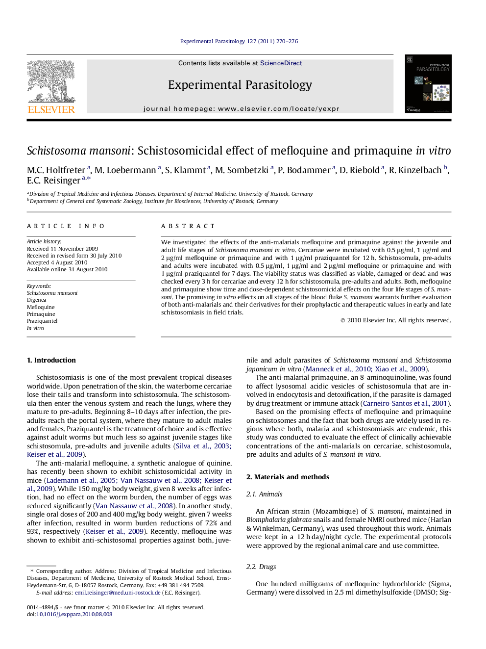 Schistosoma mansoni: Schistosomicidal effect of mefloquine and primaquine in vitro