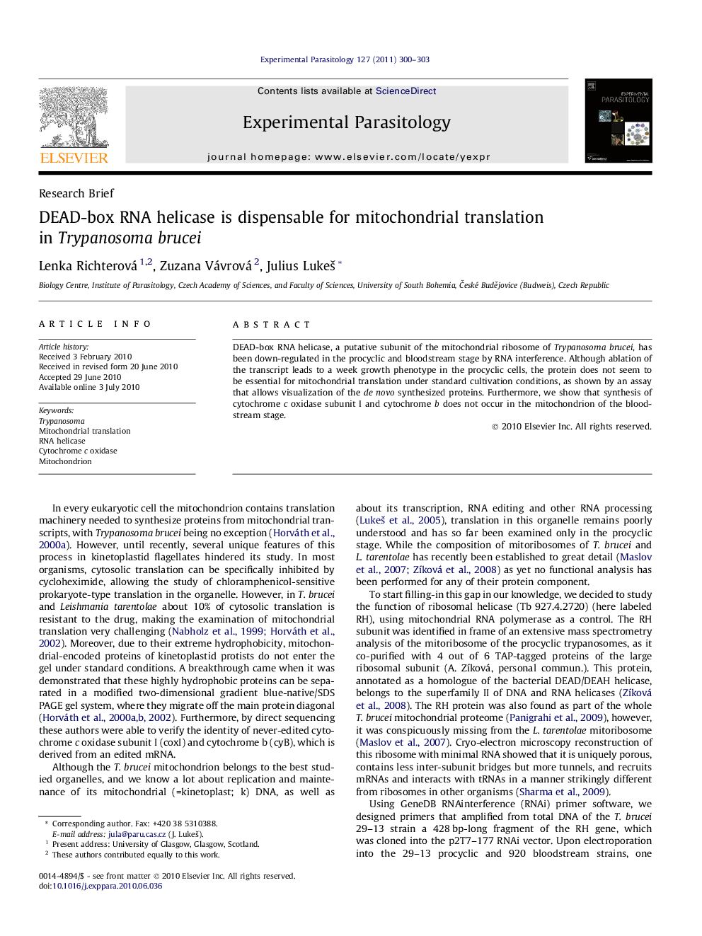 DEAD-box RNA helicase is dispensable for mitochondrial translation in Trypanosoma brucei