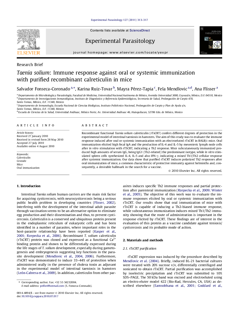 Taenia solium: Immune response against oral or systemic immunization with purified recombinant calreticulin in mice