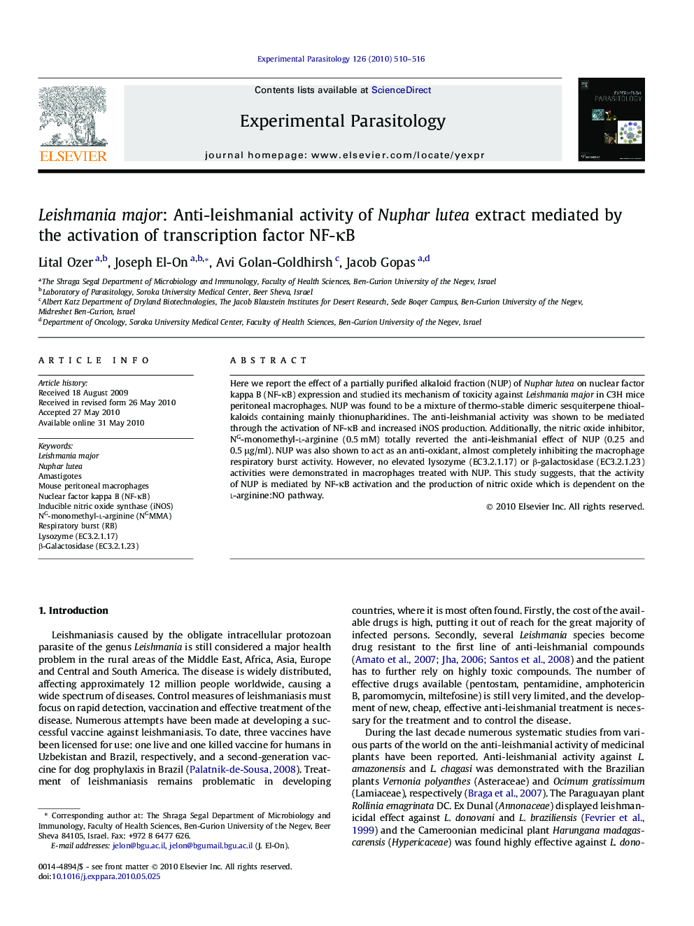 Leishmania major: Anti-leishmanial activity of Nuphar lutea extract mediated by the activation of transcription factor NF-κB