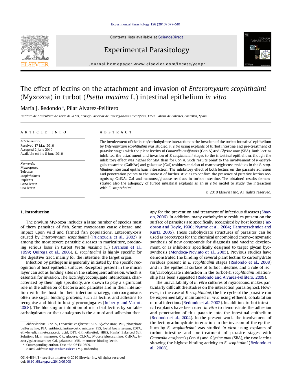 The effect of lectins on the attachment and invasion of Enteromyxum scophthalmi (Myxozoa) in turbot (Psetta maxima L.) intestinal epithelium in vitro