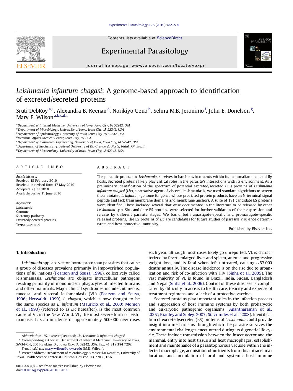 Leishmania infantum chagasi: A genome-based approach to identification of excreted/secreted proteins