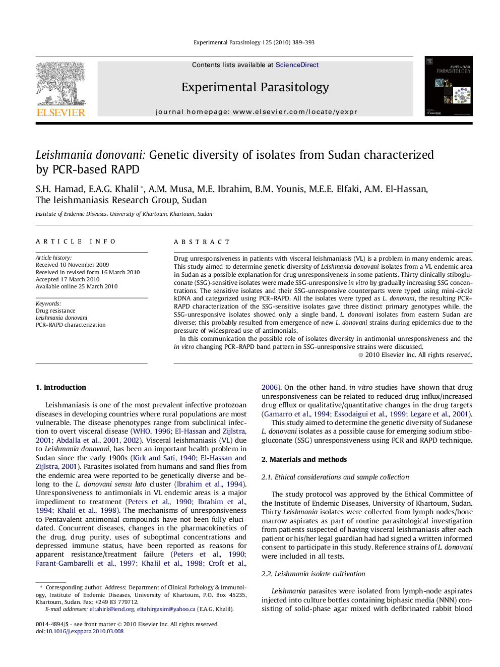 Leishmania donovani: Genetic diversity of isolates from Sudan characterized by PCR-based RAPD