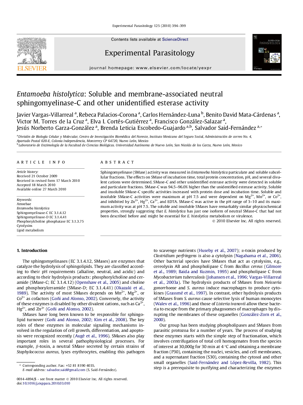 Entamoeba histolytica: Soluble and membrane-associated neutral sphingomyelinase-C and other unidentified esterase activity