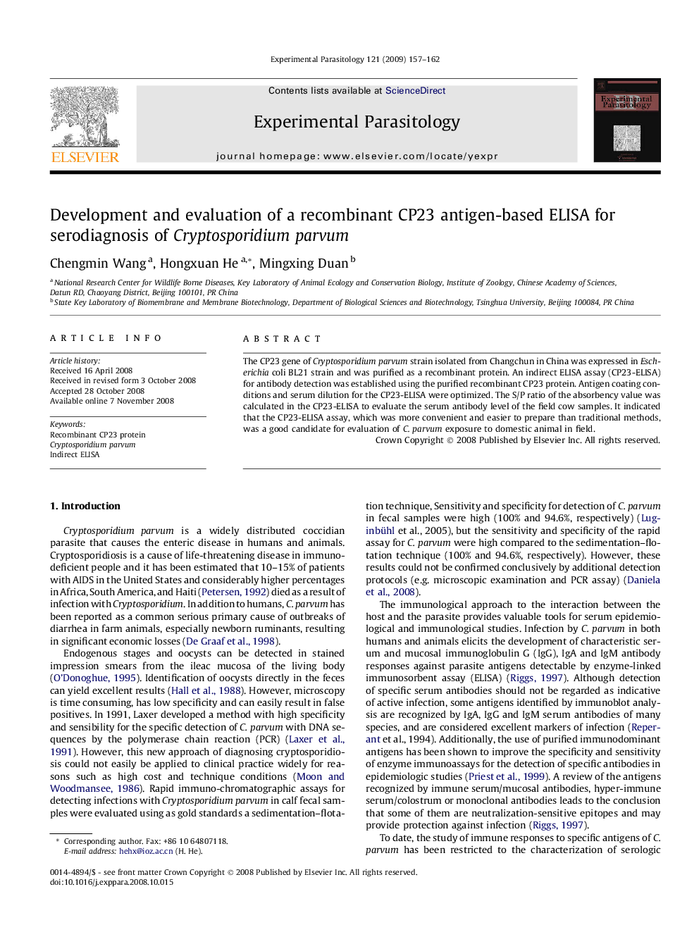 Development and evaluation of a recombinant CP23 antigen-based ELISA for serodiagnosis of Cryptosporidium parvum