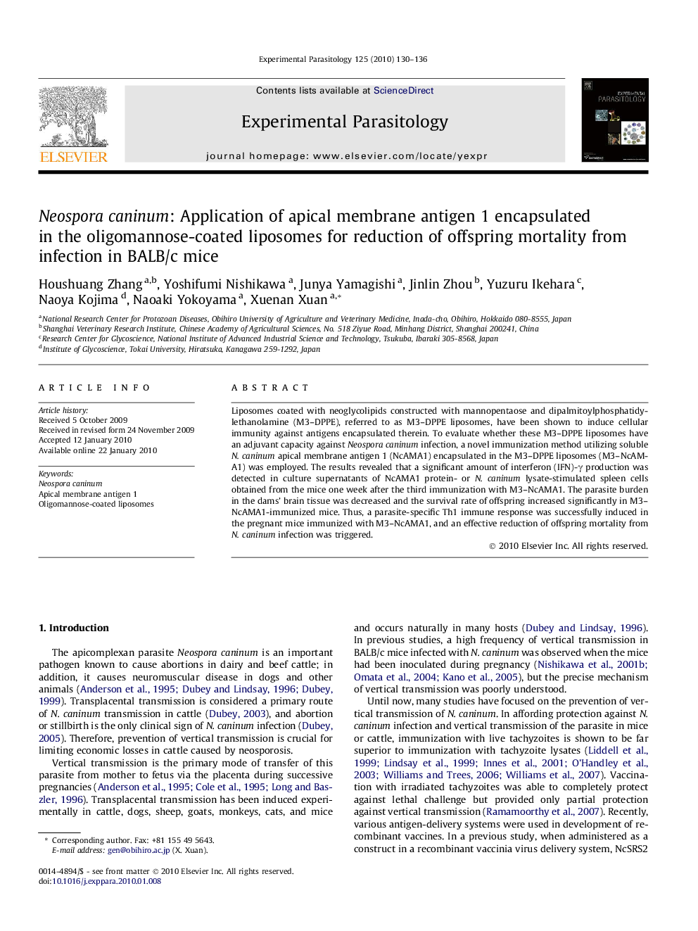 Neospora caninum: Application of apical membrane antigen 1 encapsulated in the oligomannose-coated liposomes for reduction of offspring mortality from infection in BALB/c mice