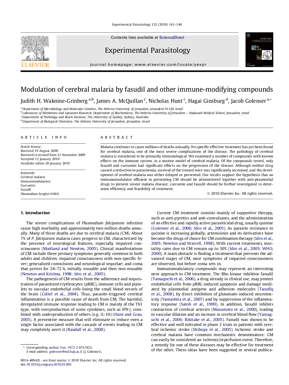 Modulation of cerebral malaria by fasudil and other immune-modifying compounds