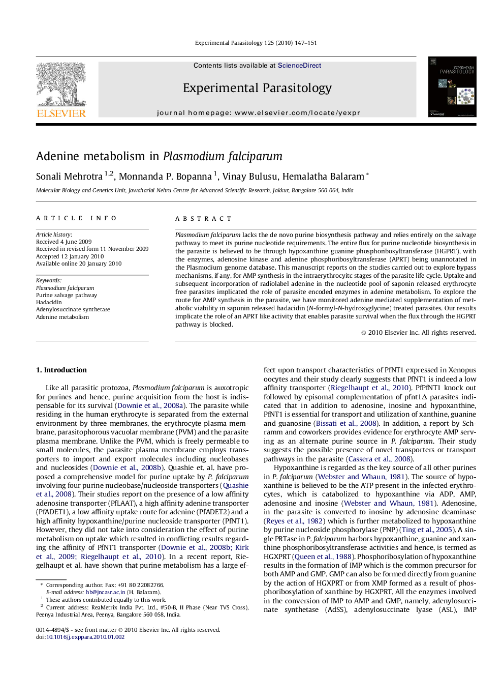 Adenine metabolism in Plasmodium falciparum