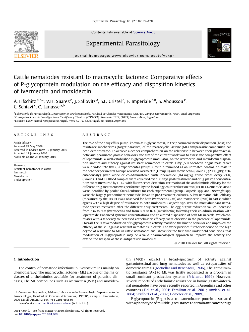 Cattle nematodes resistant to macrocyclic lactones: Comparative effects of P-glycoprotein modulation on the efficacy and disposition kinetics of ivermectin and moxidectin