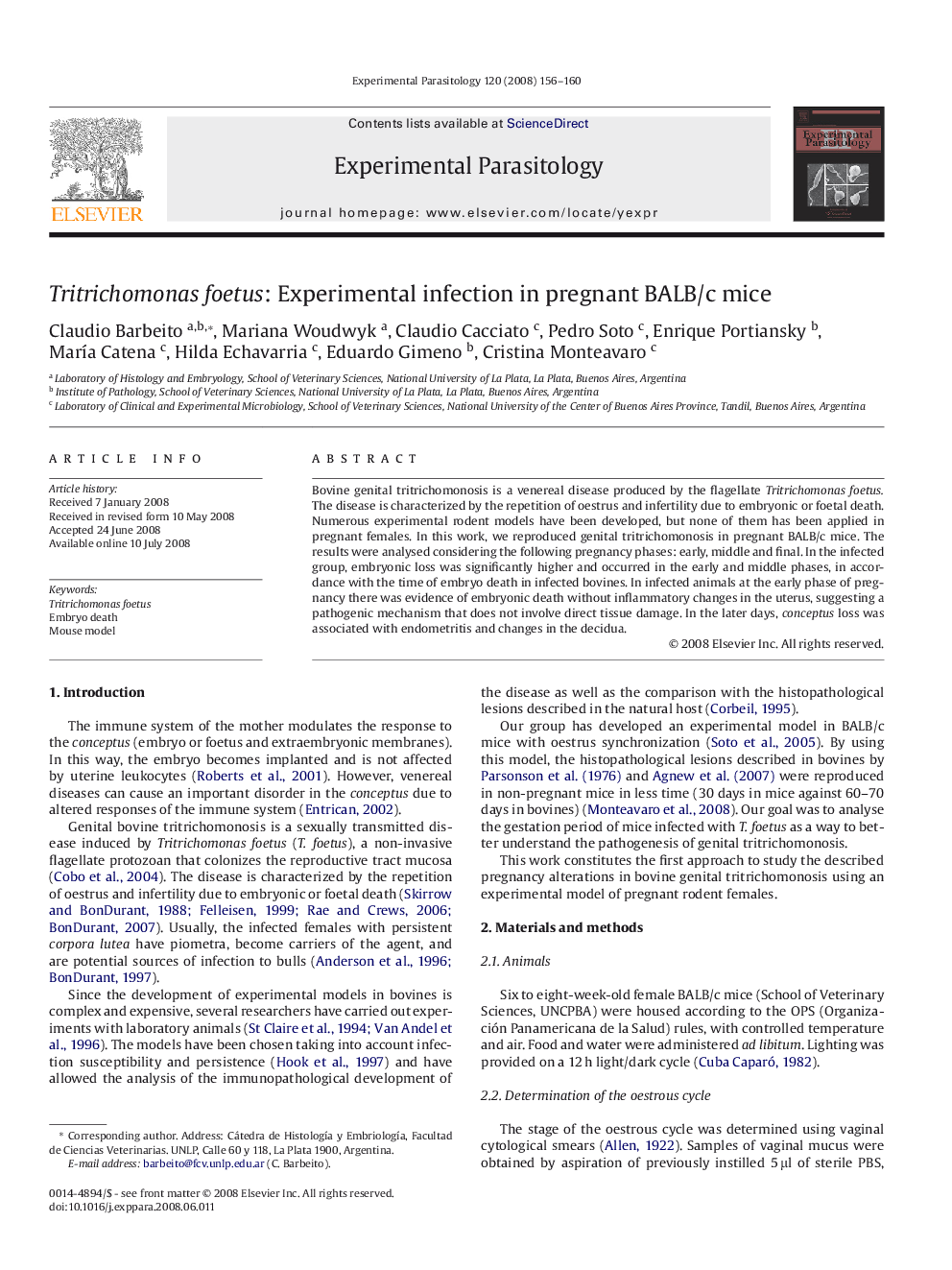 Tritrichomonas foetus: Experimental infection in pregnant BALB/c mice