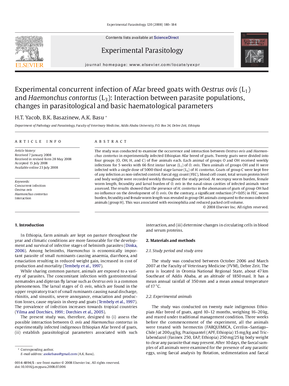 Experimental concurrent infection of Afar breed goats with Oestrus ovis (L1) and Haemonchus contortus (L3): Interaction between parasite populations, changes in parasitological and basic haematological parameters