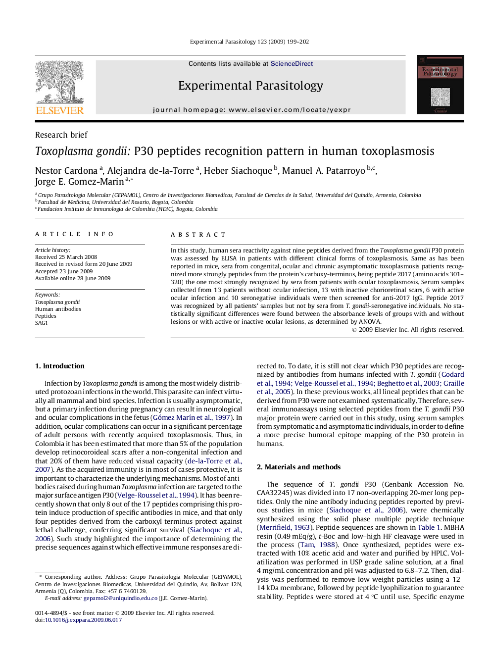 Toxoplasma gondii: P30 peptides recognition pattern in human toxoplasmosis