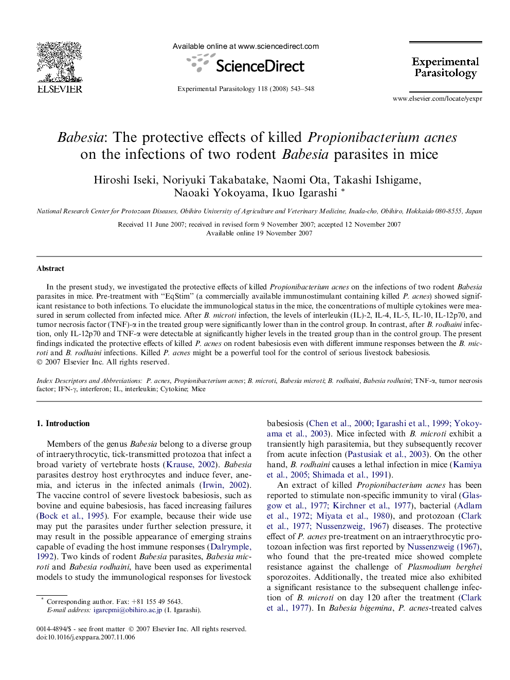 Babesia: The protective effects of killed Propionibacterium acnes on the infections of two rodent Babesia parasites in mice