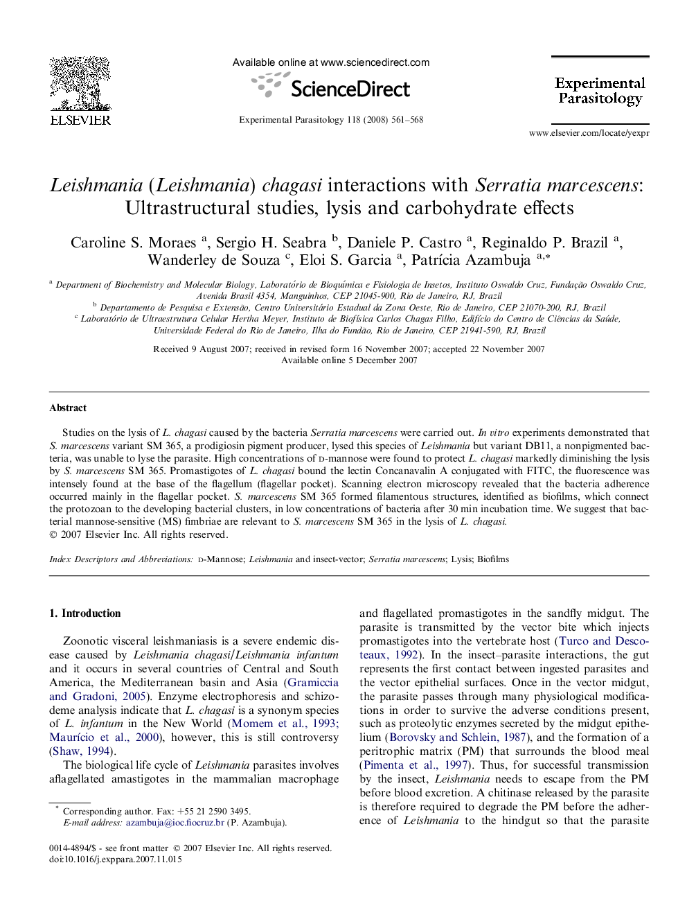 Leishmania (Leishmania) chagasi interactions with Serratia marcescens: Ultrastructural studies, lysis and carbohydrate effects