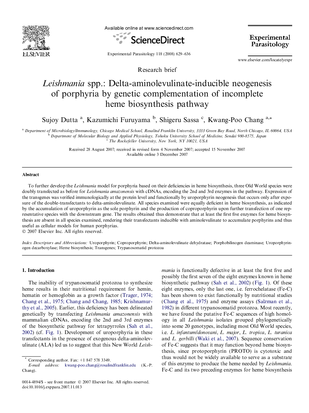 Leishmania spp.: Delta-aminolevulinate-inducible neogenesis of porphyria by genetic complementation of incomplete heme biosynthesis pathway