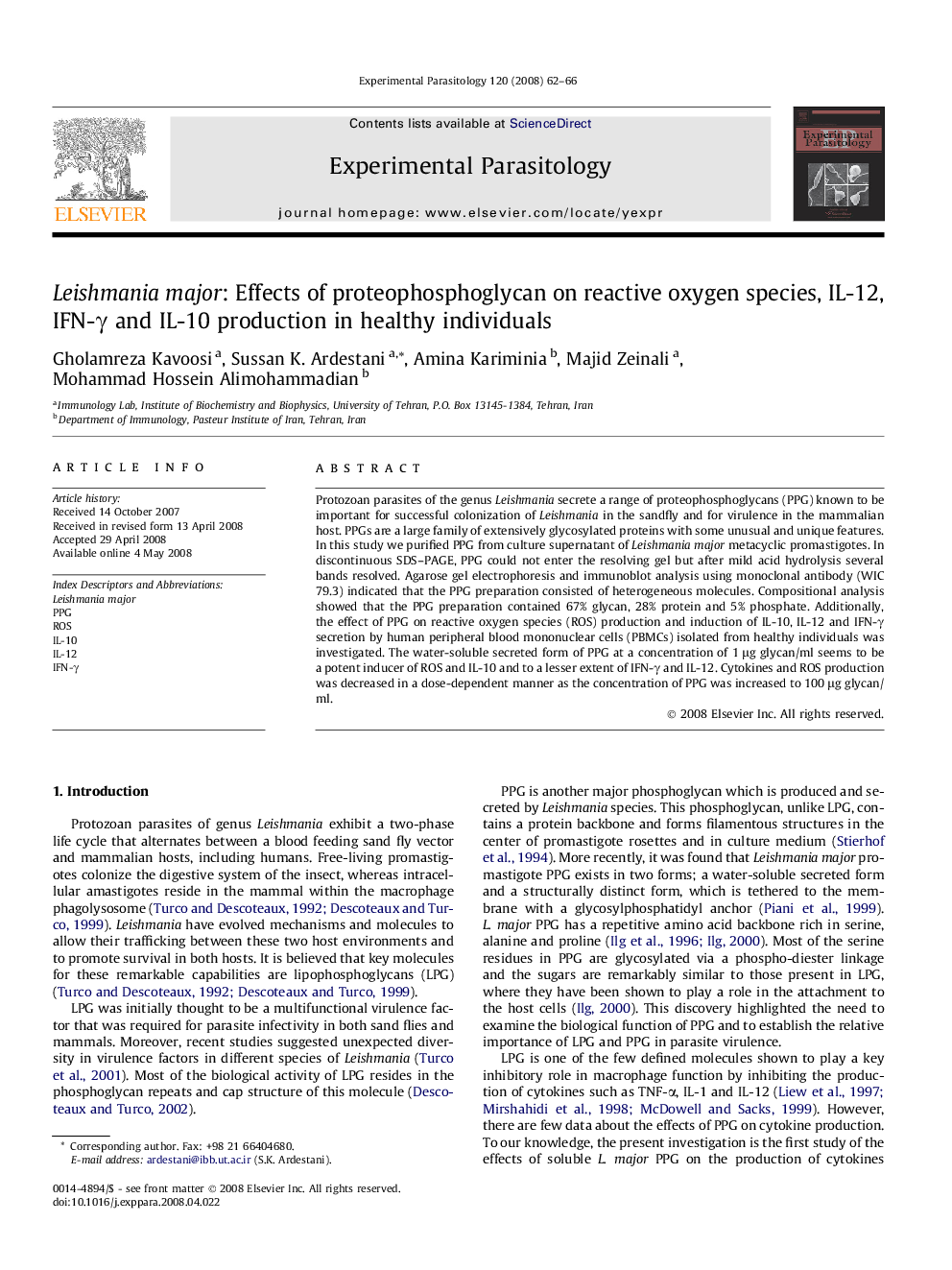 Leishmania major: Effects of proteophosphoglycan on reactive oxygen species, IL-12, IFN-γ and IL-10 production in healthy individuals