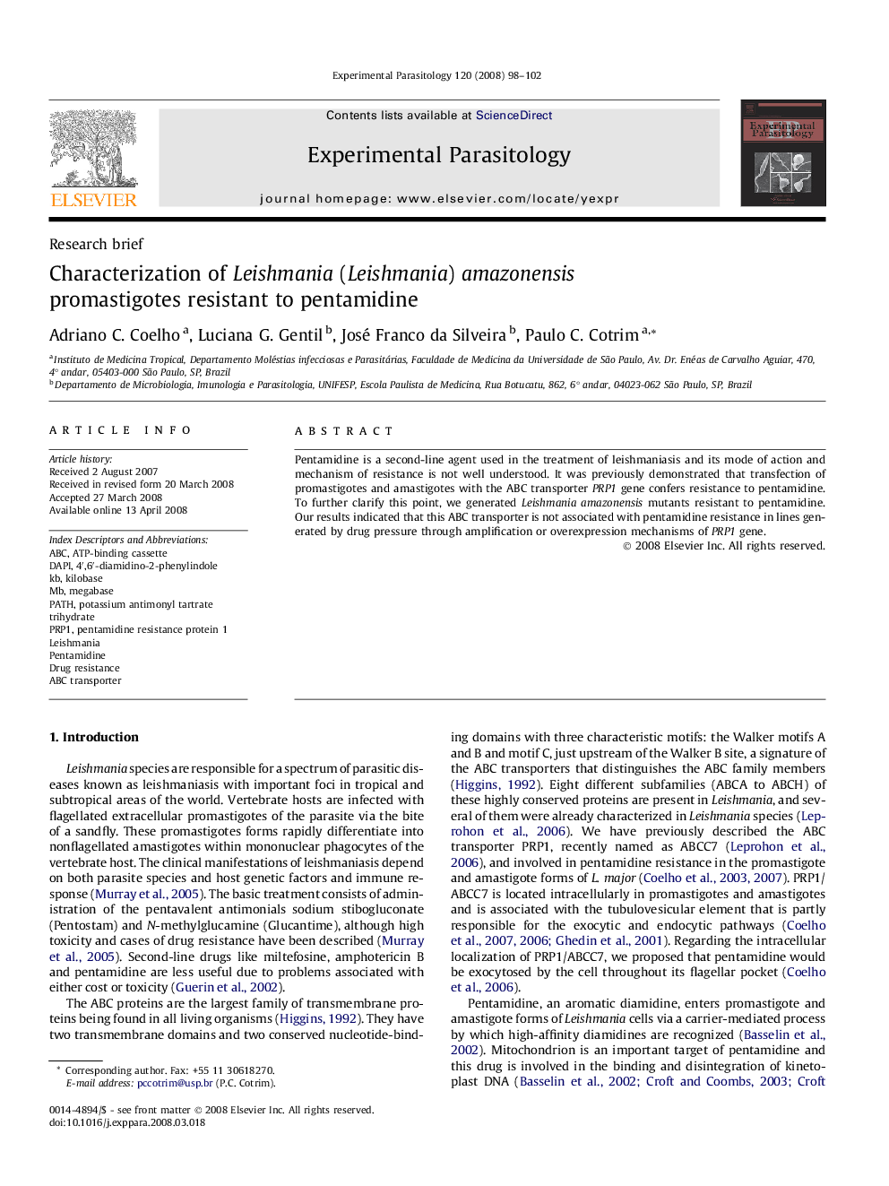 Characterization of Leishmania (Leishmania) amazonensis promastigotes resistant to pentamidine