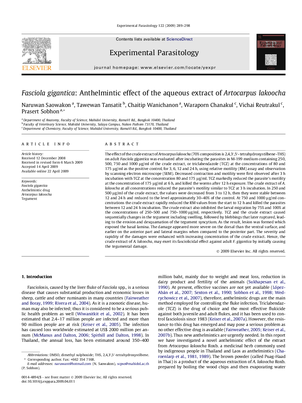 Fasciola gigantica: Anthelmintic effect of the aqueous extract of Artocarpus lakoocha