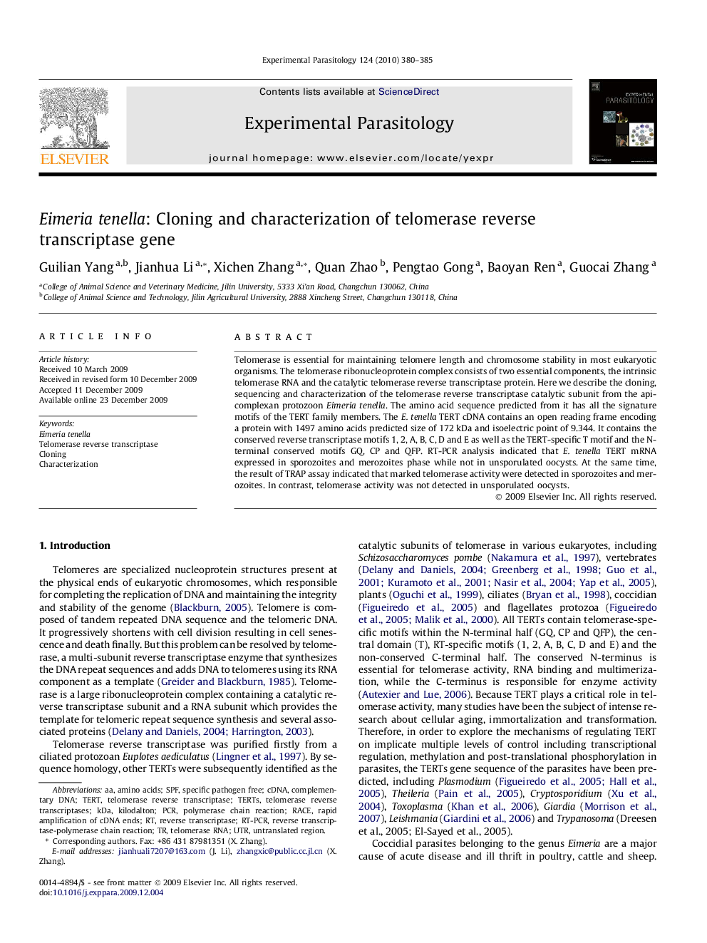 Eimeria tenella: Cloning and characterization of telomerase reverse transcriptase gene