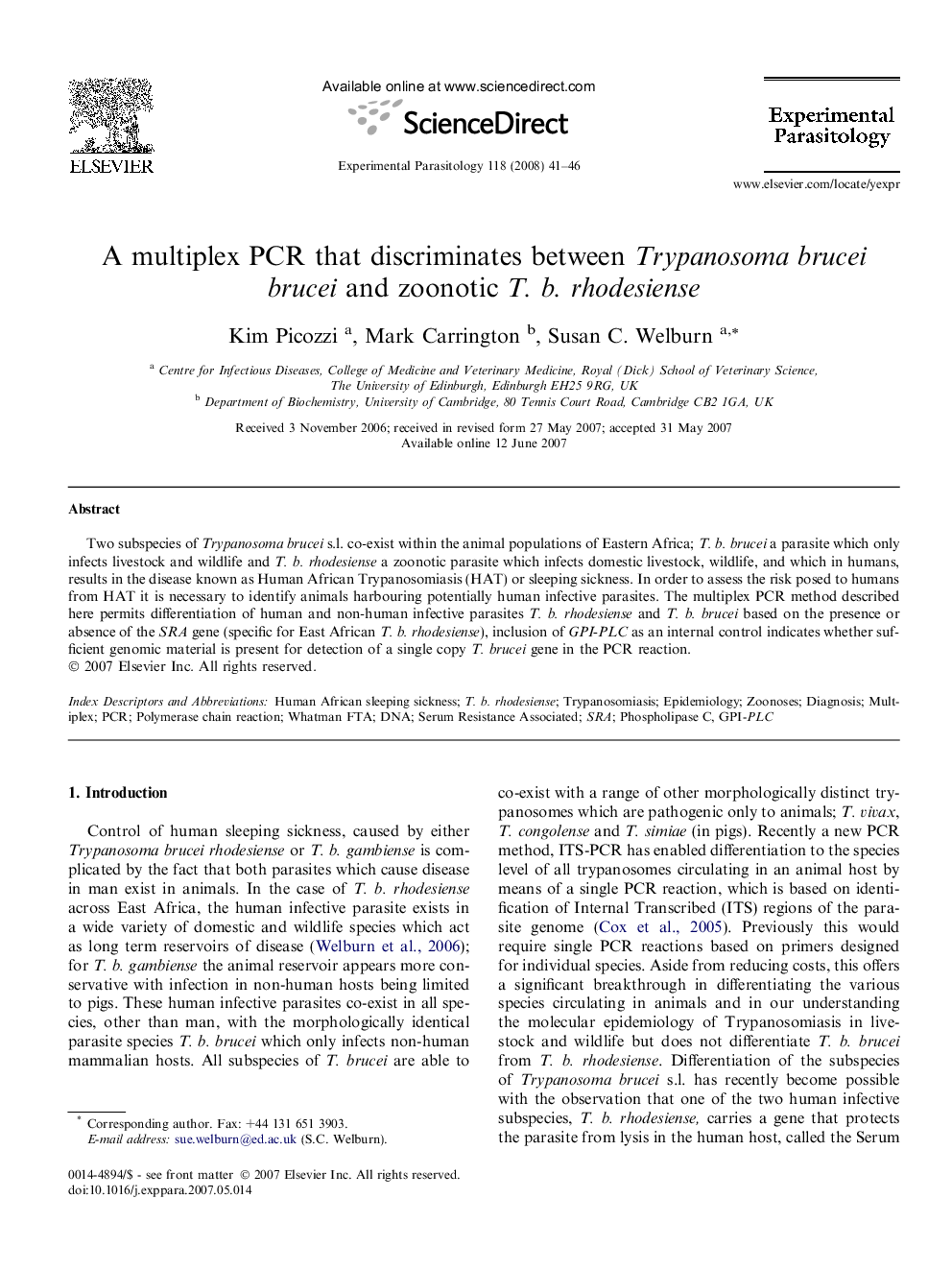 A multiplex PCR that discriminates between Trypanosoma brucei brucei and zoonotic T. b. rhodesiense