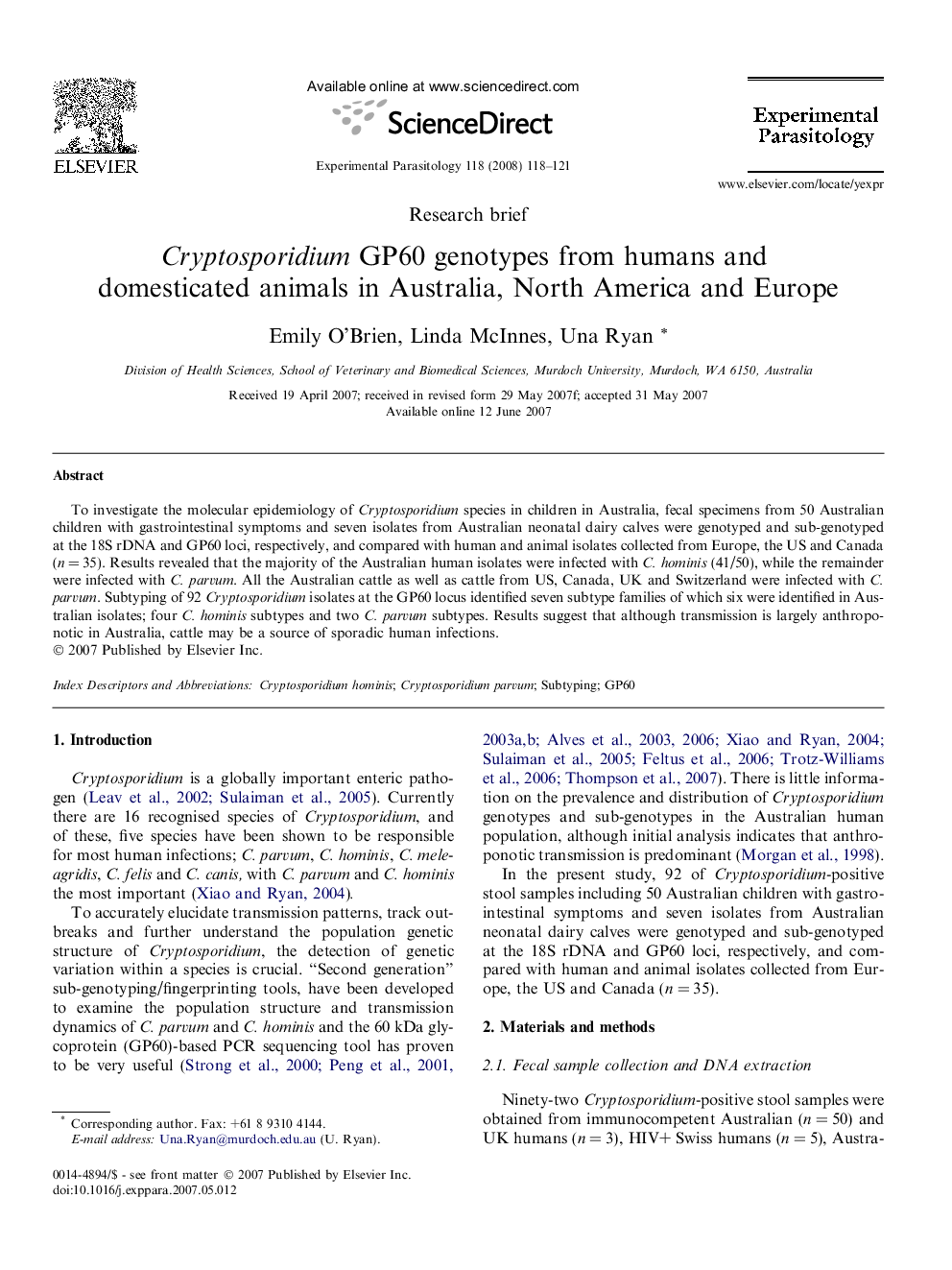 Cryptosporidium GP60 genotypes from humans and domesticated animals in Australia, North America and Europe