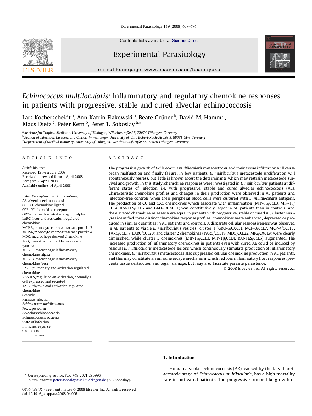 Echinococcus multilocularis: Inflammatory and regulatory chemokine responses in patients with progressive, stable and cured alveolar echinococcosis