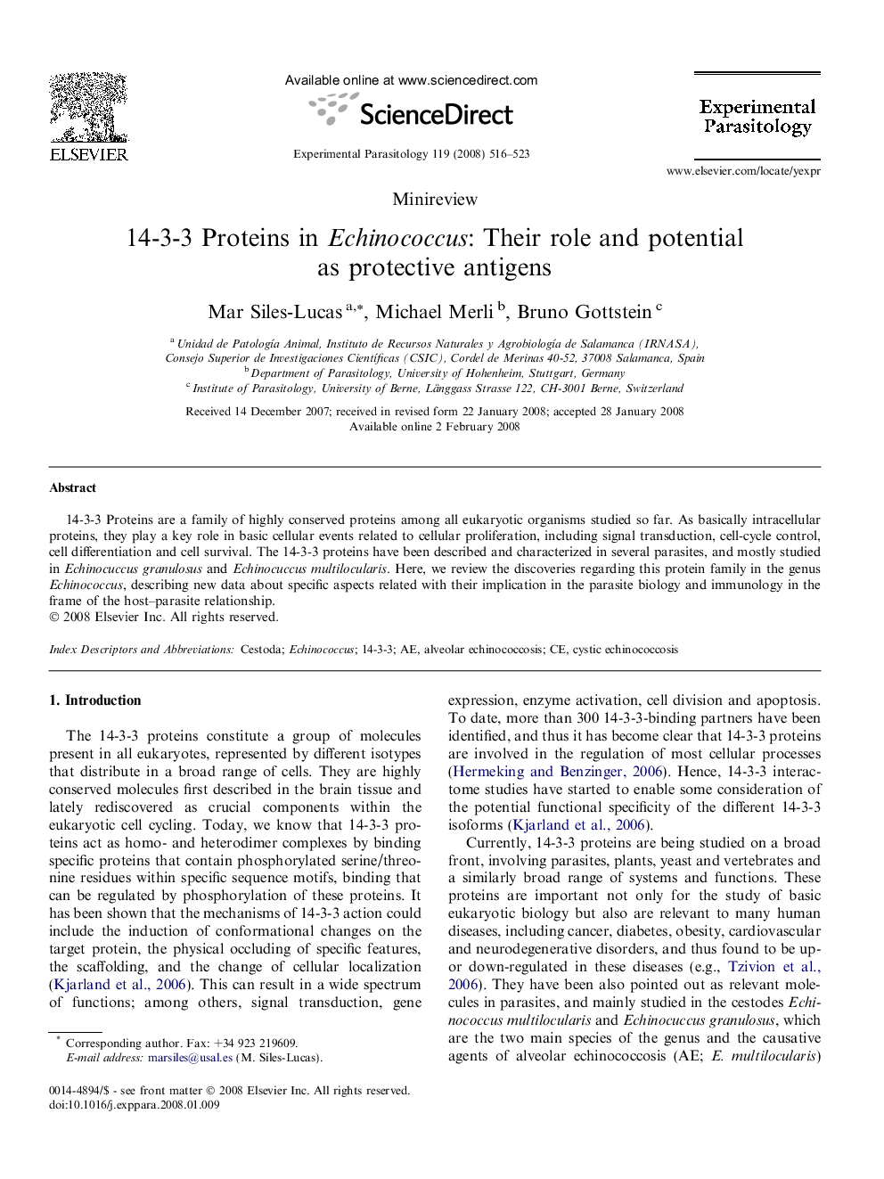 14-3-3 Proteins in Echinococcus: Their role and potential as protective antigens