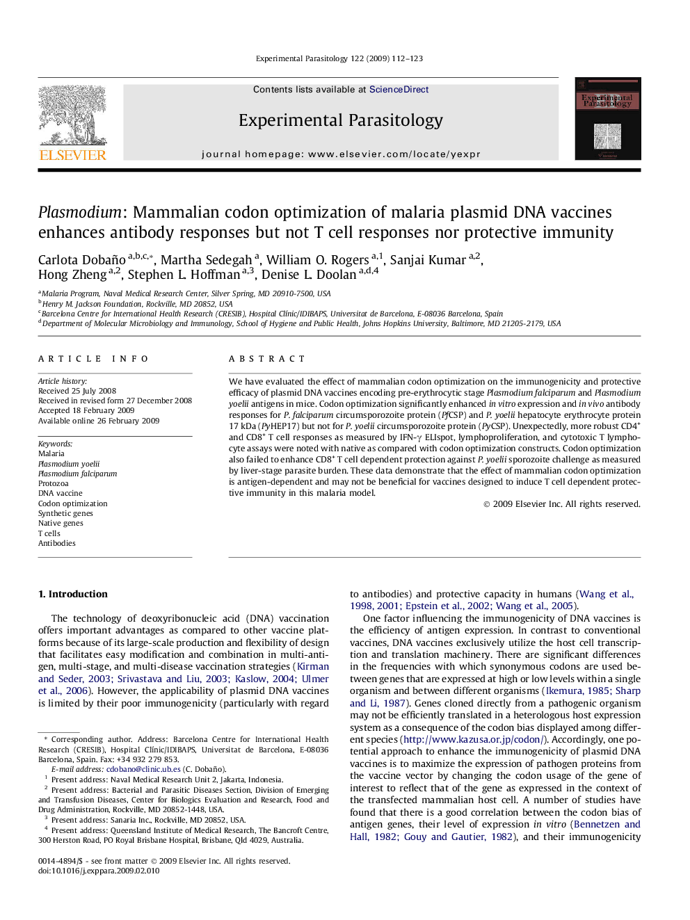 Plasmodium: Mammalian codon optimization of malaria plasmid DNA vaccines enhances antibody responses but not T cell responses nor protective immunity