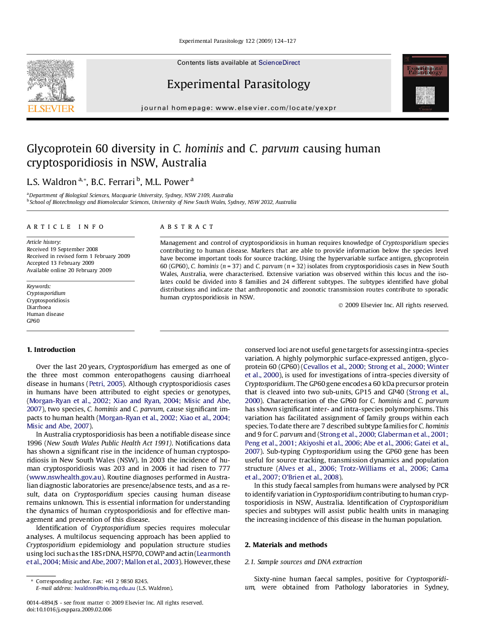 Glycoprotein 60 diversity in C. hominis and C. parvum causing human cryptosporidiosis in NSW, Australia