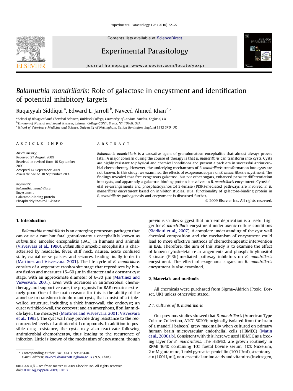 Balamuthia mandrillaris: Role of galactose in encystment and identification of potential inhibitory targets