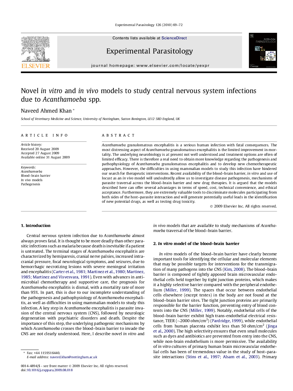 Novel in vitro and in vivo models to study central nervous system infections due to Acanthamoeba spp.