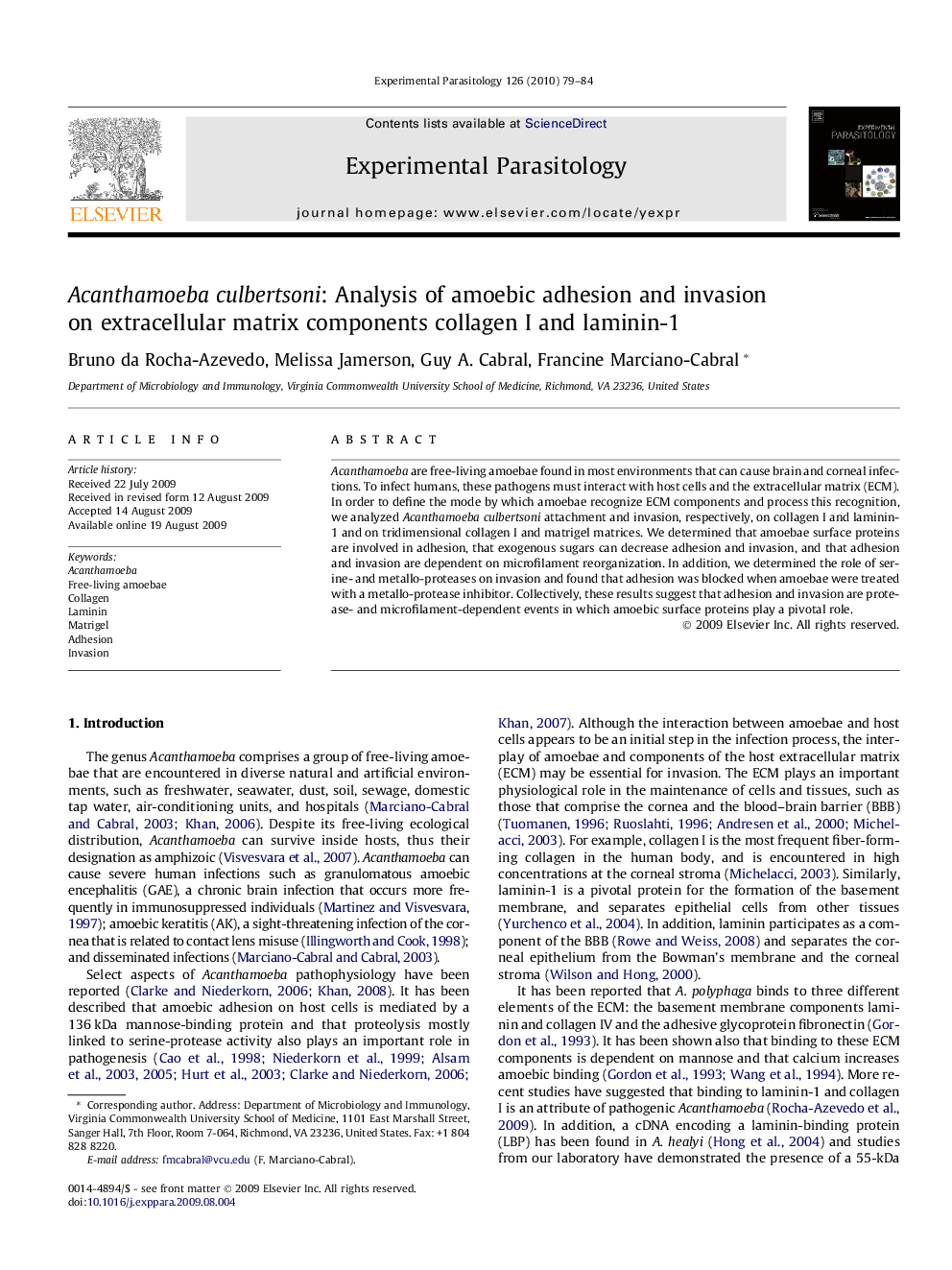 Acanthamoeba culbertsoni: Analysis of amoebic adhesion and invasion on extracellular matrix components collagen I and laminin-1