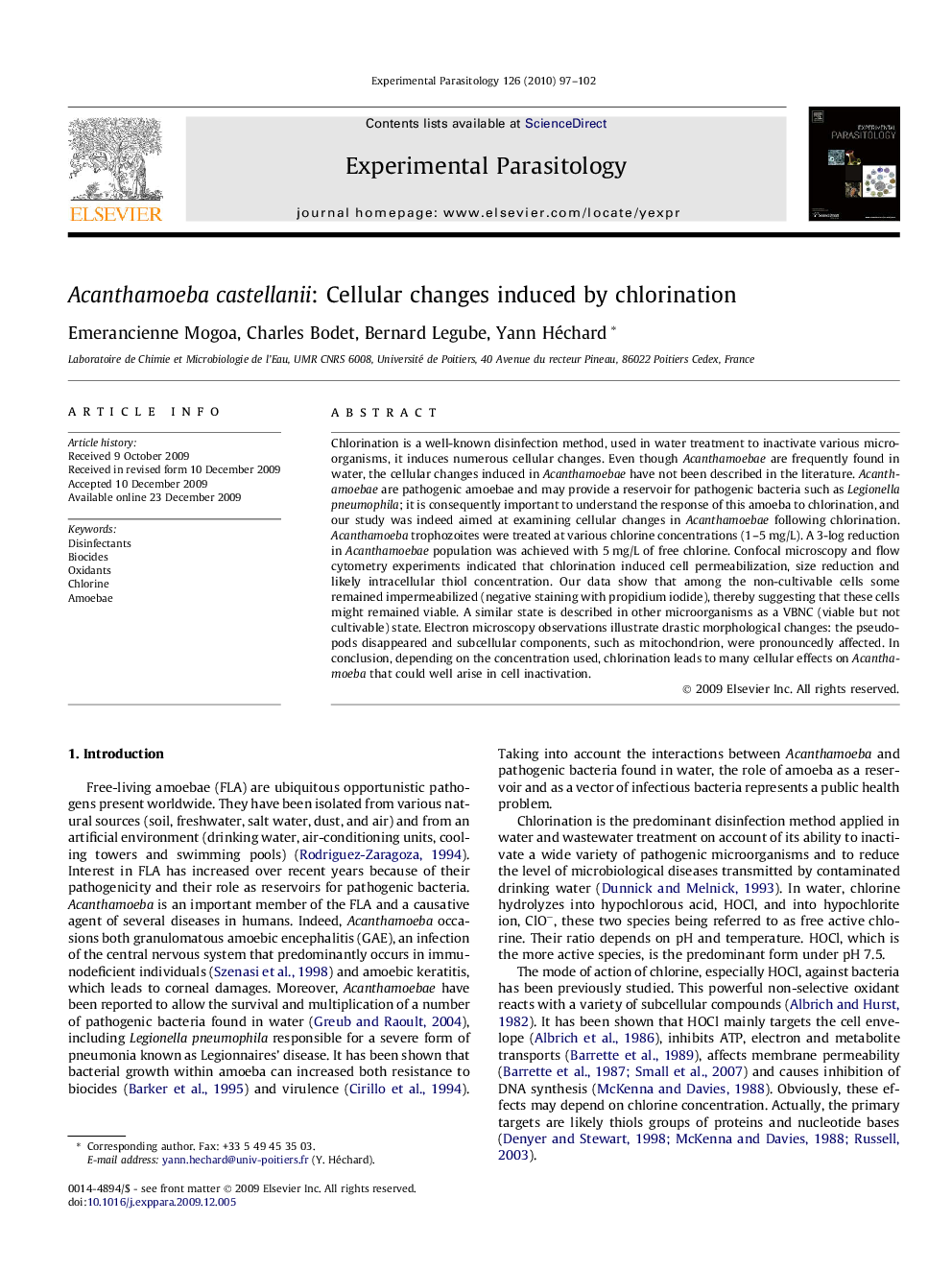 Acanthamoeba castellanii: Cellular changes induced by chlorination