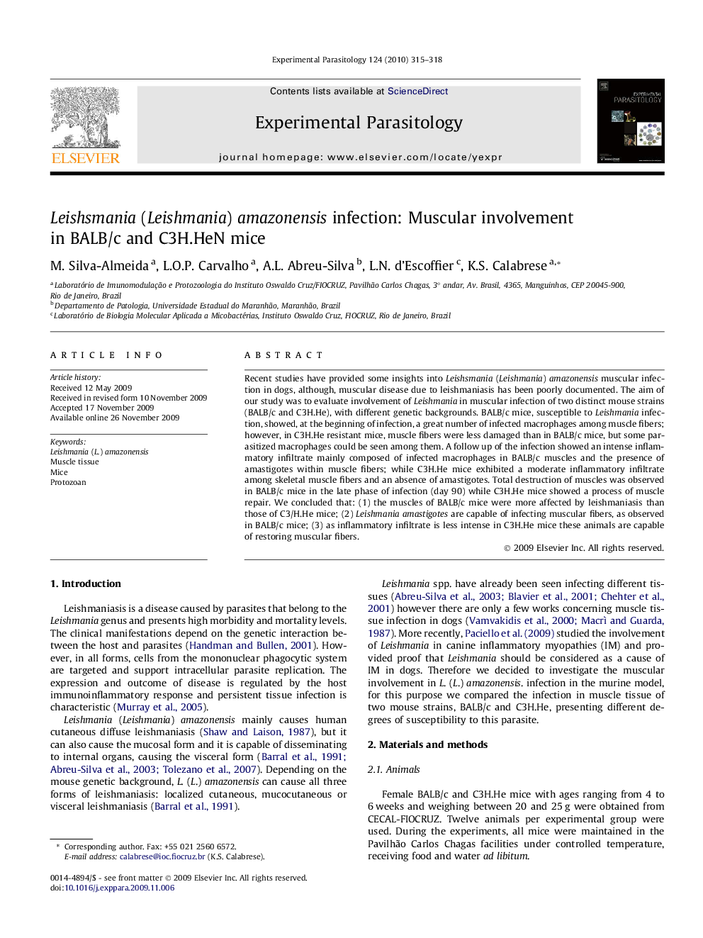 Leishsmania (Leishmania) amazonensis infection: Muscular involvement in BALB/c and C3H.HeN mice