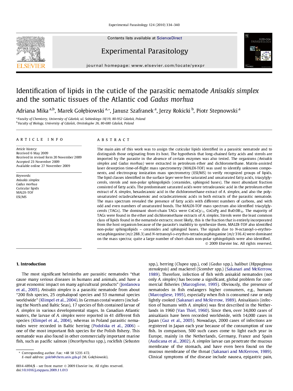 Identification of lipids in the cuticle of the parasitic nematode Anisakis simplex and the somatic tissues of the Atlantic cod Gadus morhua