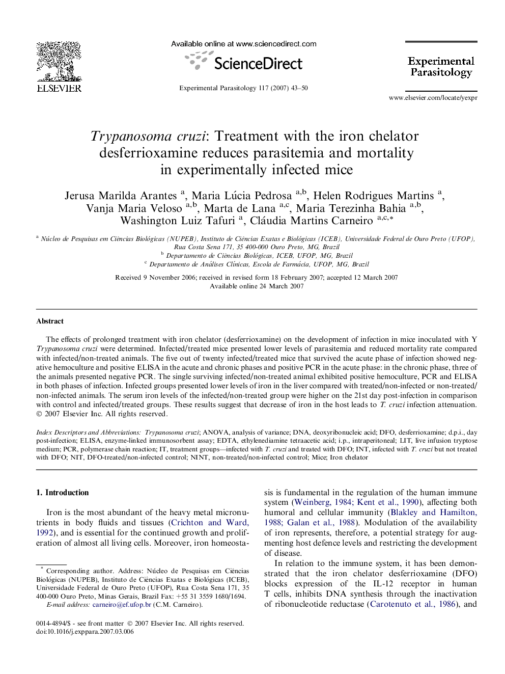 Trypanosoma cruzi: Treatment with the iron chelator desferrioxamine reduces parasitemia and mortality in experimentally infected mice