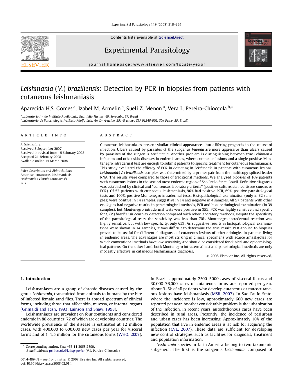 Leishmania (V.) braziliensis: Detection by PCR in biopsies from patients with cutaneous leishmaniasis